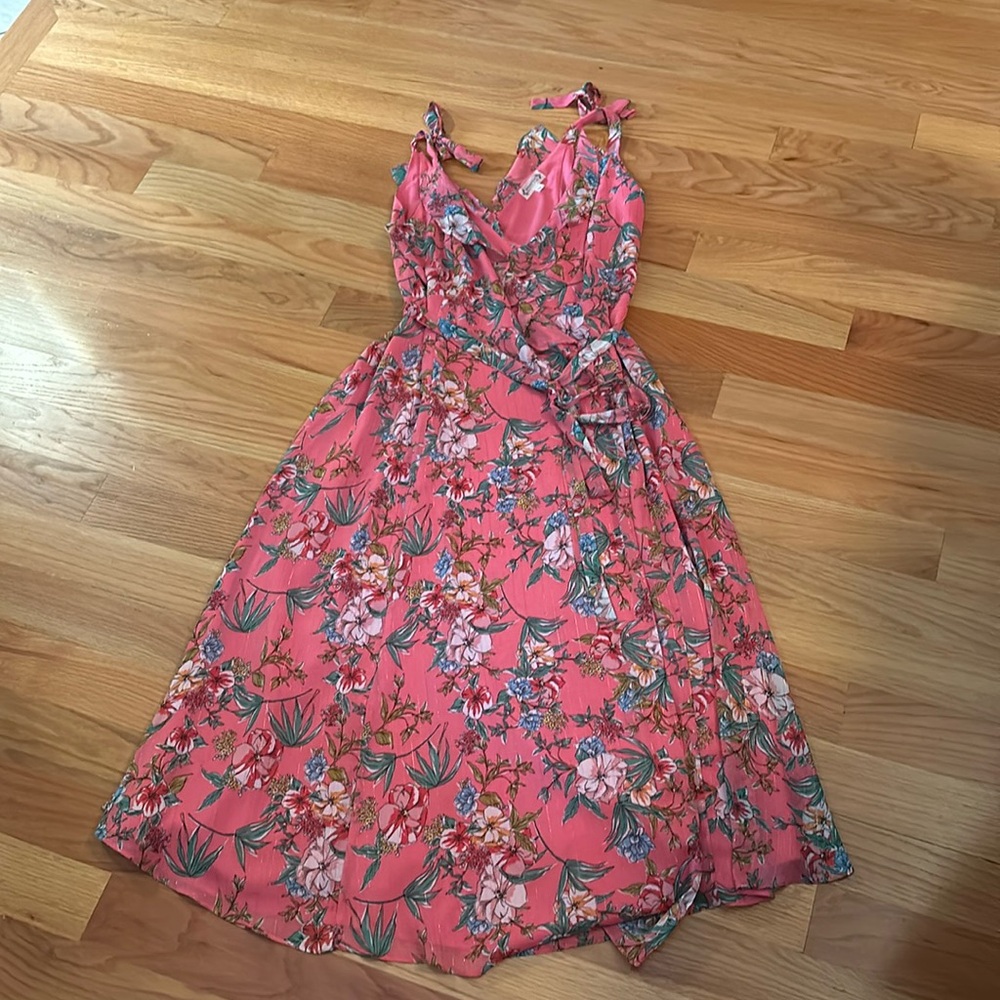 Nanette pink floral midi wrap dress with Ruffle V-neck collar.